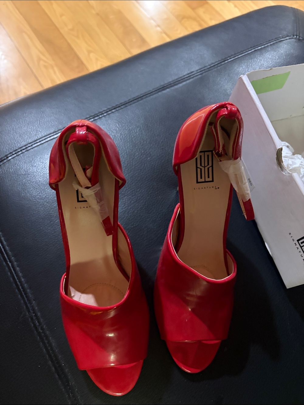 Signature Red Patent Open-Toe Ankle Strap Heels